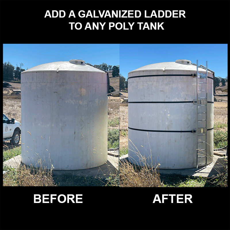 Before & After Photo of Adding a Galvaized Steel Tank Ladder to an Existing Poly Tank.